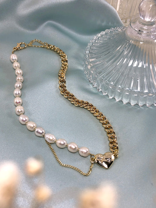 Half and Half Choker Necklace with Heart Pendant